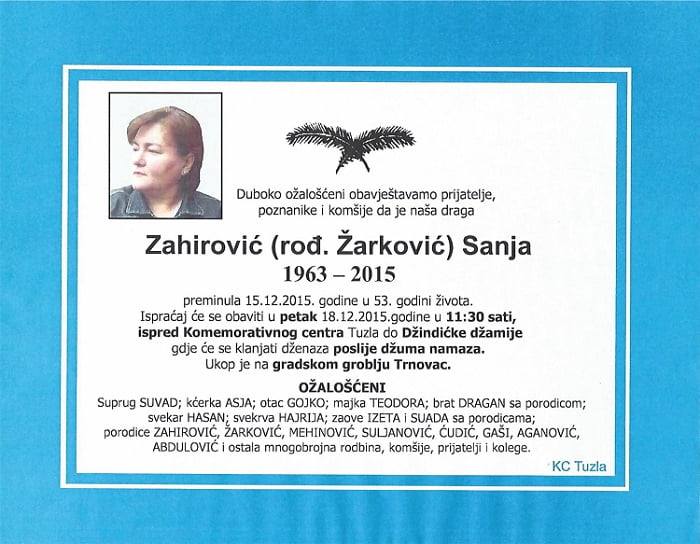 smrtovnica Sanja Zahirović